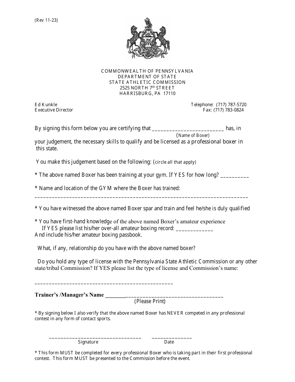 Professional Boxing Experience Form - Pennsylvania, Page 1