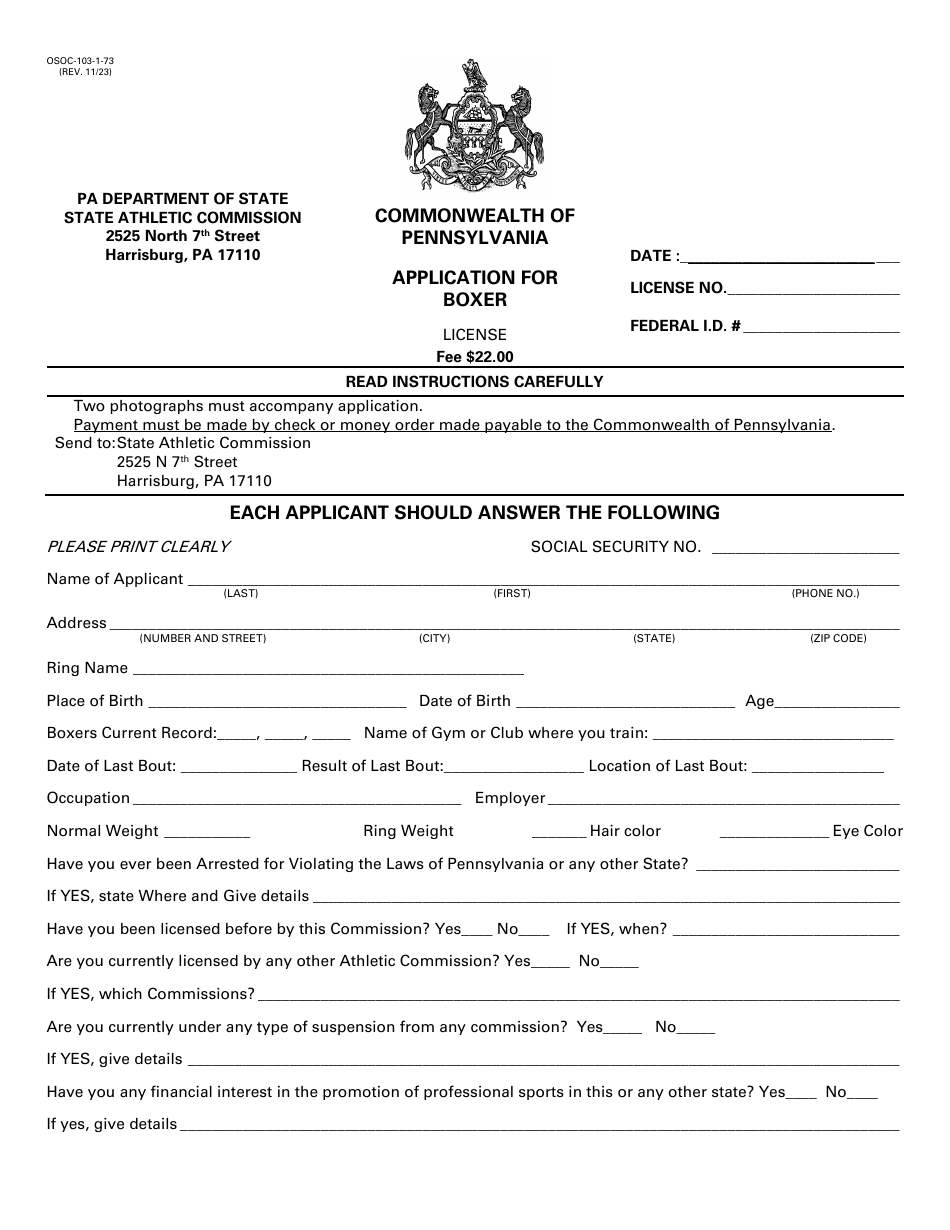 Form OSOC-103-1-73 Application for Boxer License - Pennsylvania, Page 1