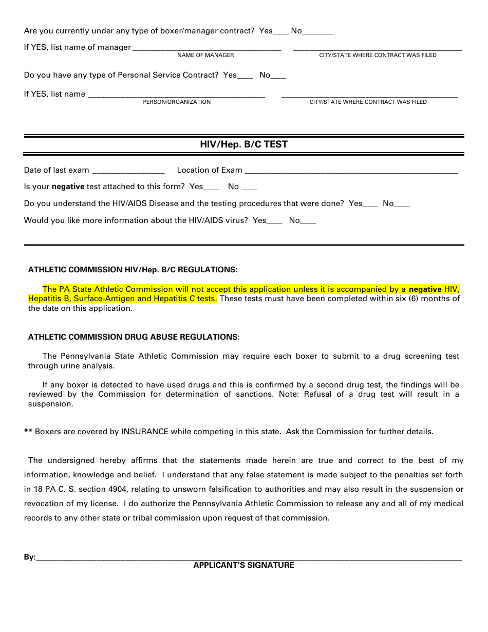 Form OSOC-103-1-73 Application for Boxer License - Pennsylvania, Page 2