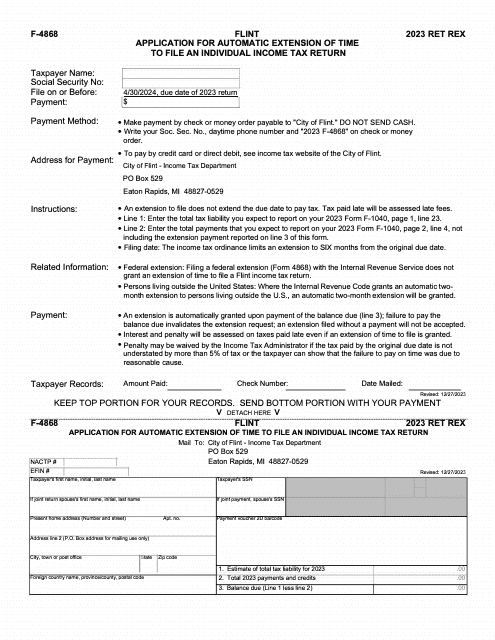 Form F-4868 Application for Automatic Extension of Time to File an Individual Income Tax Return - City of Flint, Michigan, 2023