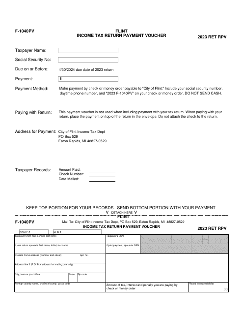 Form F-1040PV Income Tax Return Payment Voucher - City of Flint, Michigan, 2023