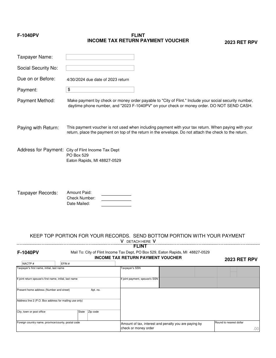 Form F-1040PV Income Tax Return Payment Voucher - City of Flint, Michigan, Page 1