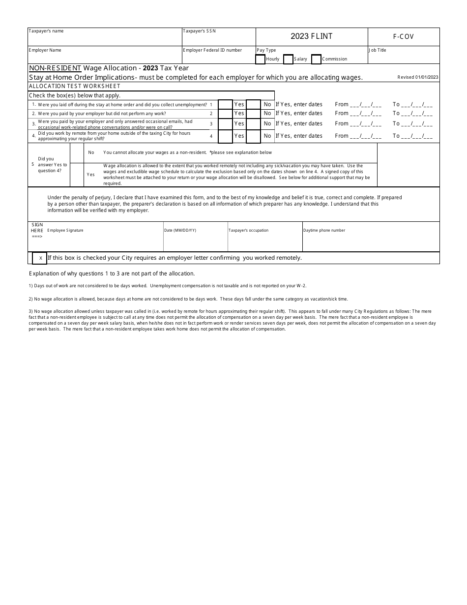 Form F-COV Non-resident Wage Allocation - City of Flint, Michigan, Page 1