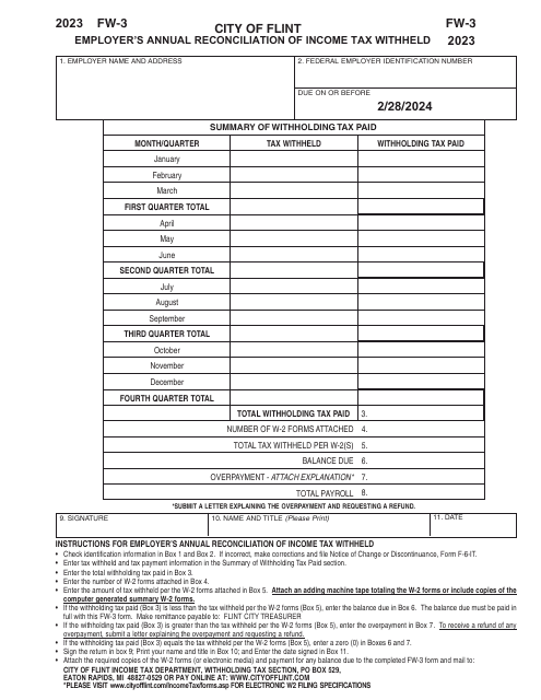 Form FW-3 Employer's Annual Reconciliation of Income Tax Withheld - City of Flint, Michigan, 2023