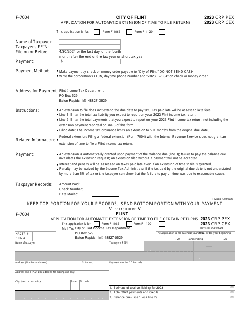 Form F-7004 Application for Automatic Extension of Time to File Returns - City of Flint, Michigan, 2023