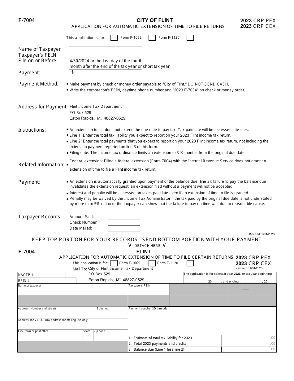 Form F-7004 Application for Automatic Extension of Time to File Returns - City of Flint, Michigan, Page 1