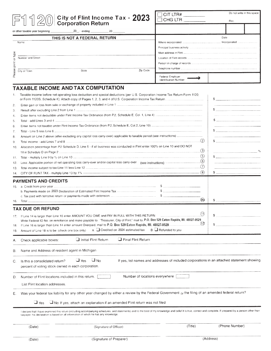 Form F1120 Corporation Return - City of Flint, Michigan, Page 1