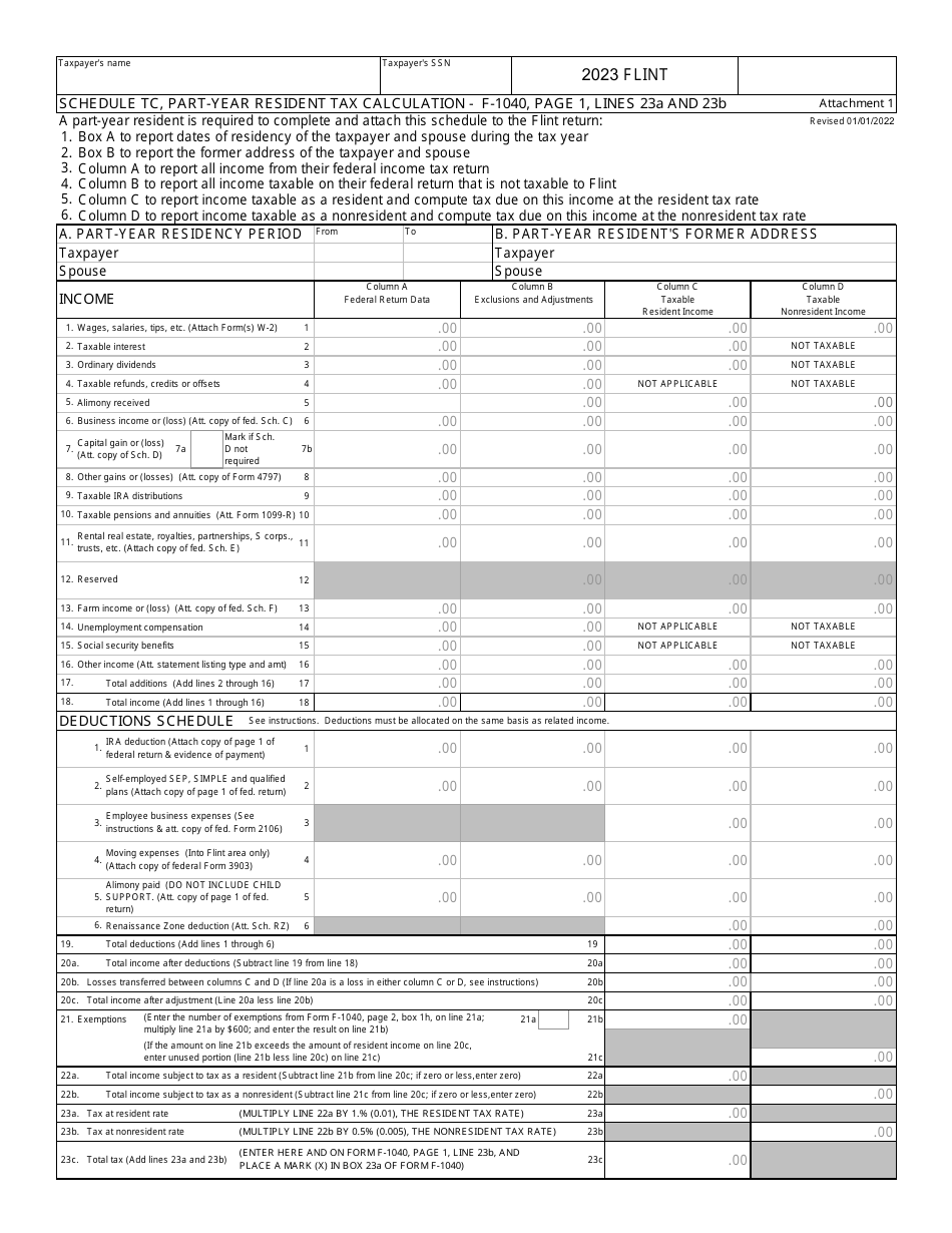 Form F-1040 Schedule TC Part-Year Resident Tax Calculation - City of Flint, Michigan, Page 1