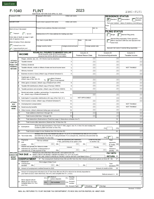 Form F-1040 Individual Income Tax Return - City of Flint, Michigan, 2023