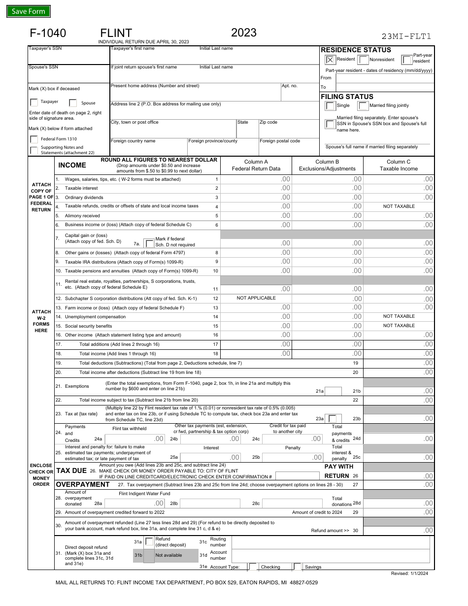 Form F-1040 Individual Income Tax Return - City of Flint, Michigan, Page 1