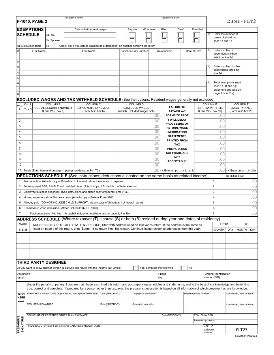 Form F-1040 Individual Income Tax Return - City of Flint, Michigan, Page 2