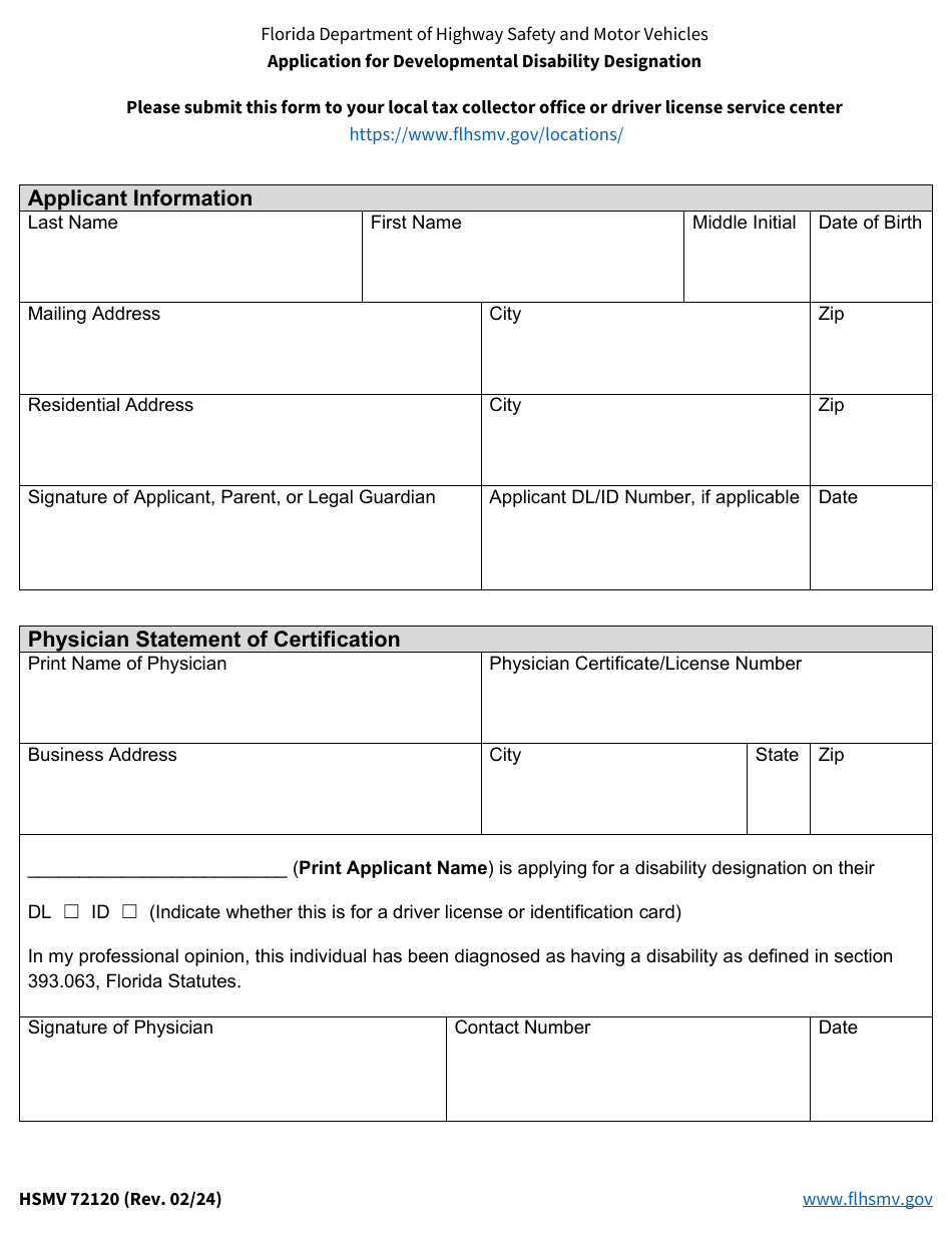 Form HSMV72120 Application for Developmental Disability Designation - Florida, Page 1