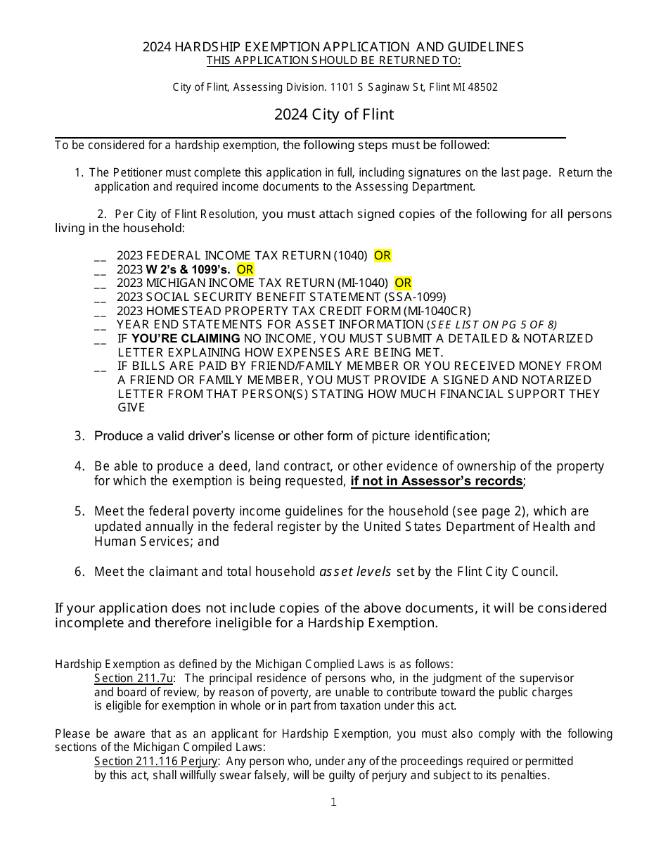 Hardship Exemption Application and Guidelines - City of Flint, Michigan, Page 1