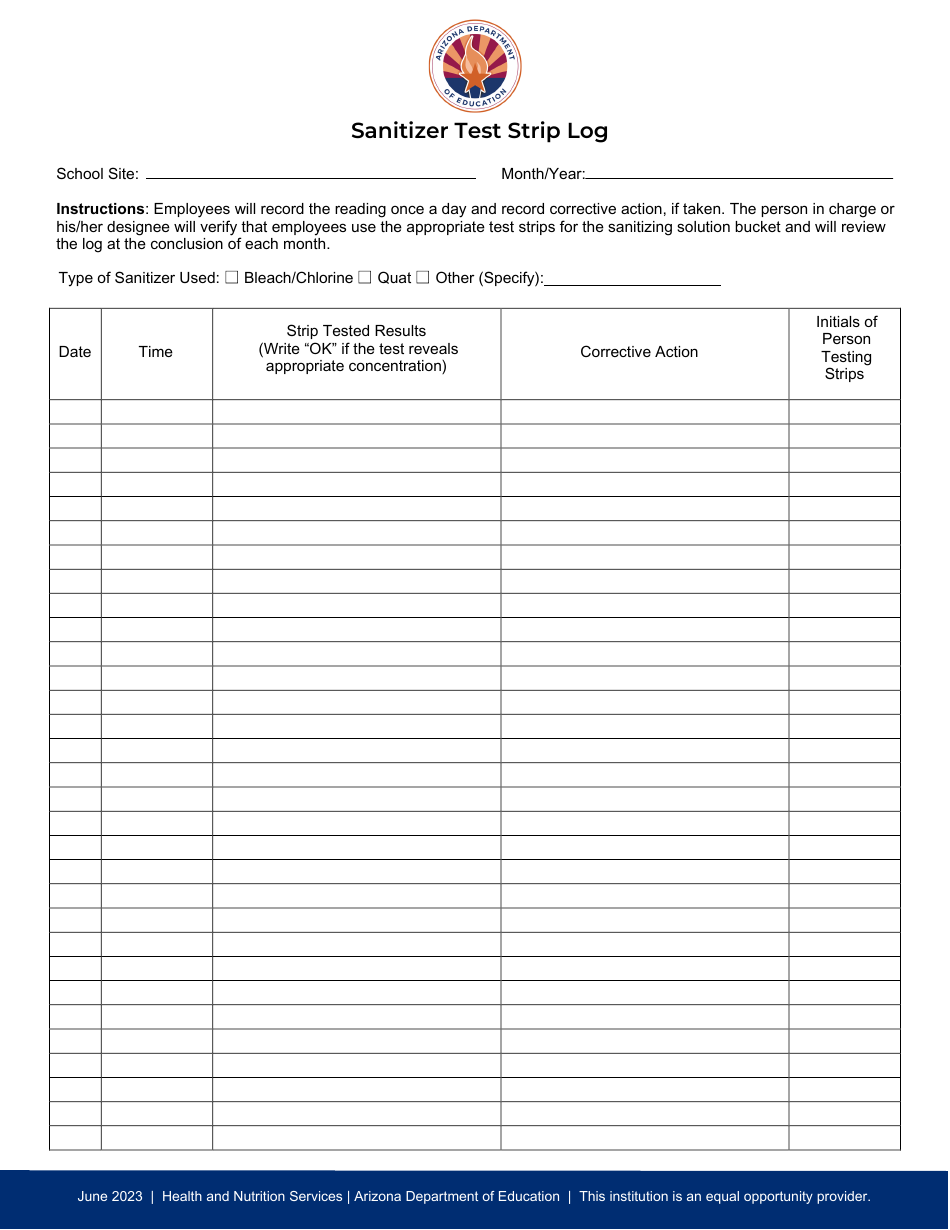 Arizona Sanitizer Test Strip Log Download Printable PDF | Templateroller