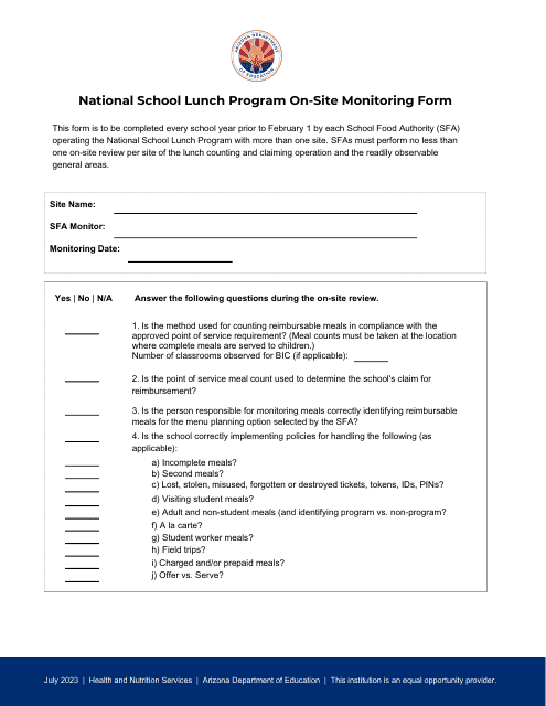 On-Site Monitoring Form - National School Lunch Program - Arizona