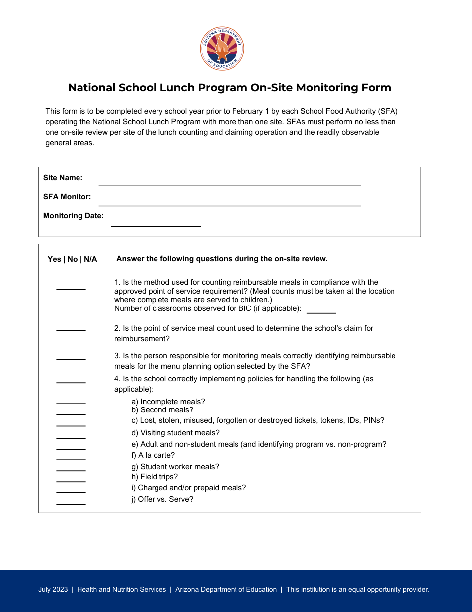 On-Site Monitoring Form - National School Lunch Program - Arizona, Page 1