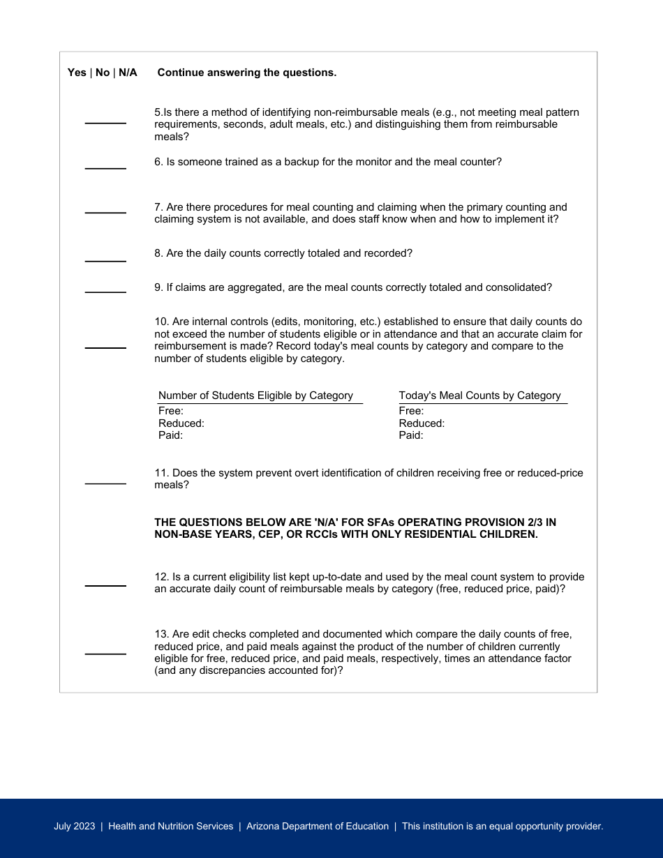 On-Site Monitoring Form - National School Lunch Program - Arizona, Page 2