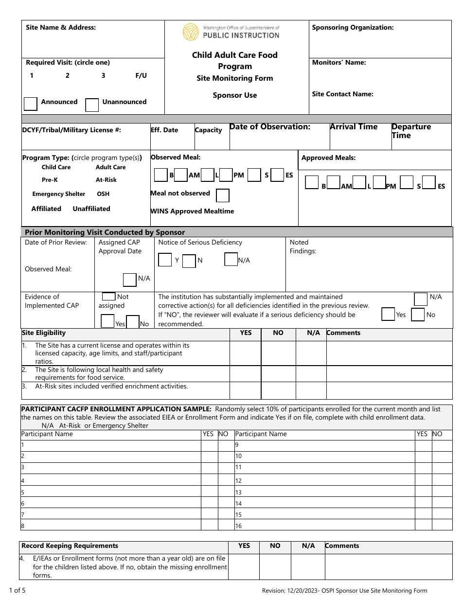 Site Monitoring Form - Child Adult Care Food Program - Washington, Page 1