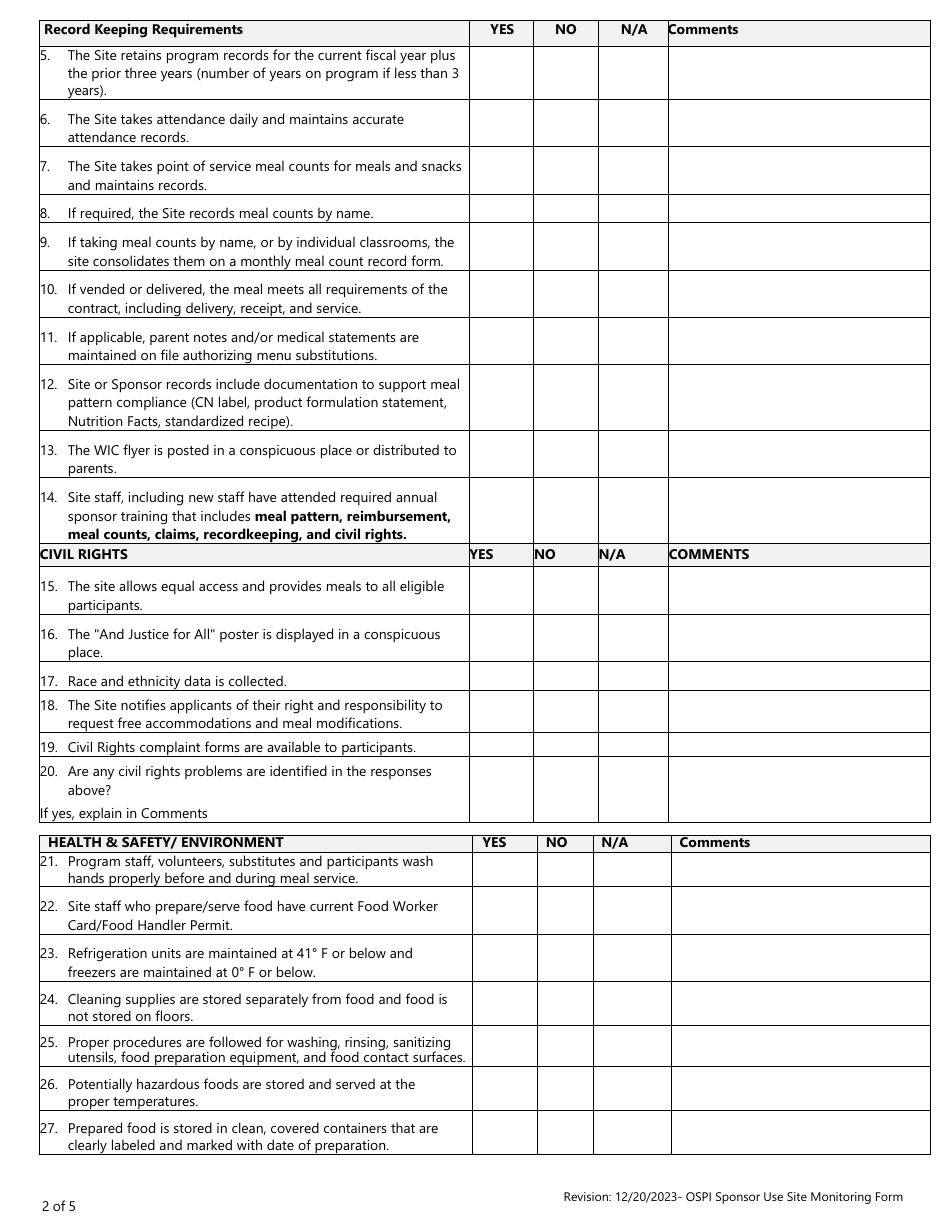 Site Monitoring Form - Child Adult Care Food Program - Washington, Page 2