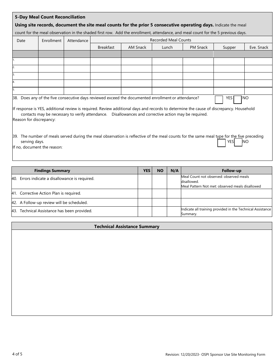 Site Monitoring Form - Child Adult Care Food Program - Washington, Page 4