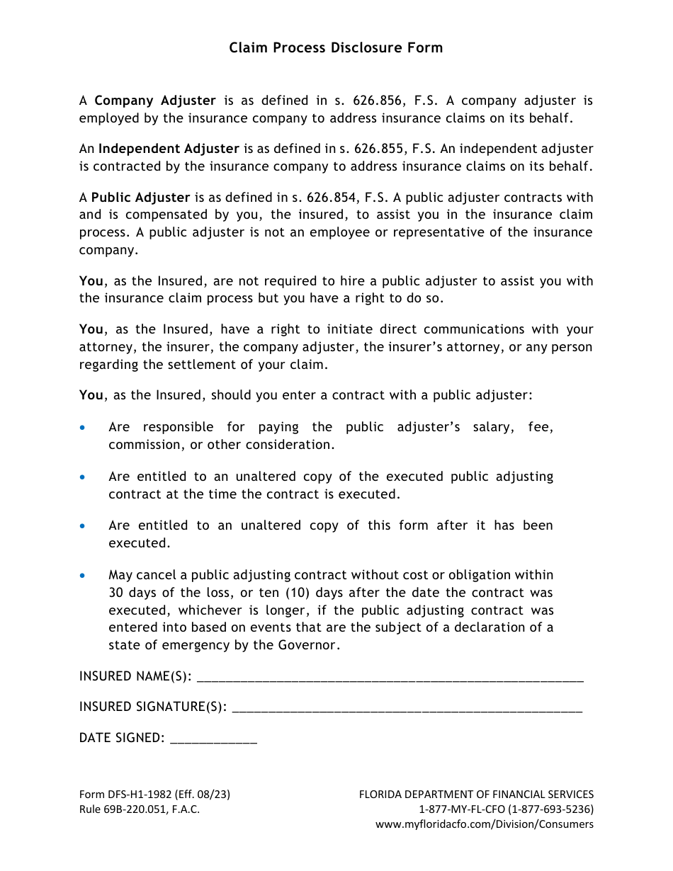 Form DFS-H1-1982 Claim Process Disclosure Form - Florida, Page 1