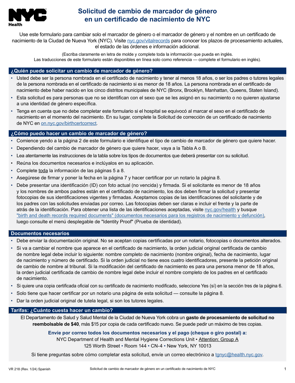 Formulario VR-218 Solicitud De Cambio De Marcador De Genero En Un Certificado De Nacimiento De Nyc - New York City (Spanish), Page 1