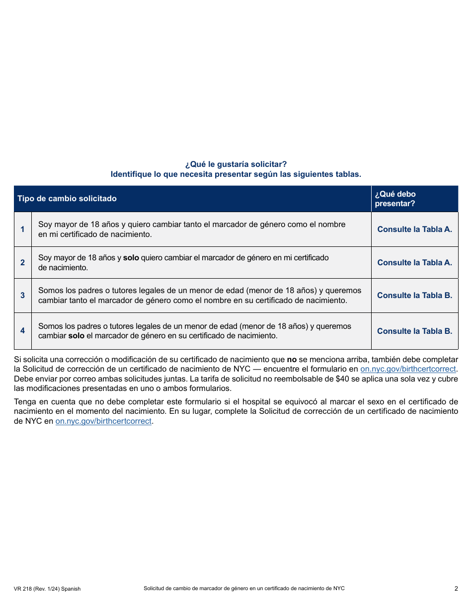 Formulario VR-218 Solicitud De Cambio De Marcador De Genero En Un Certificado De Nacimiento De Nyc - New York City (Spanish), Page 2