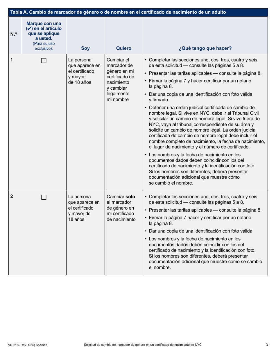 Formulario VR-218 Solicitud De Cambio De Marcador De Genero En Un Certificado De Nacimiento De Nyc - New York City (Spanish), Page 3