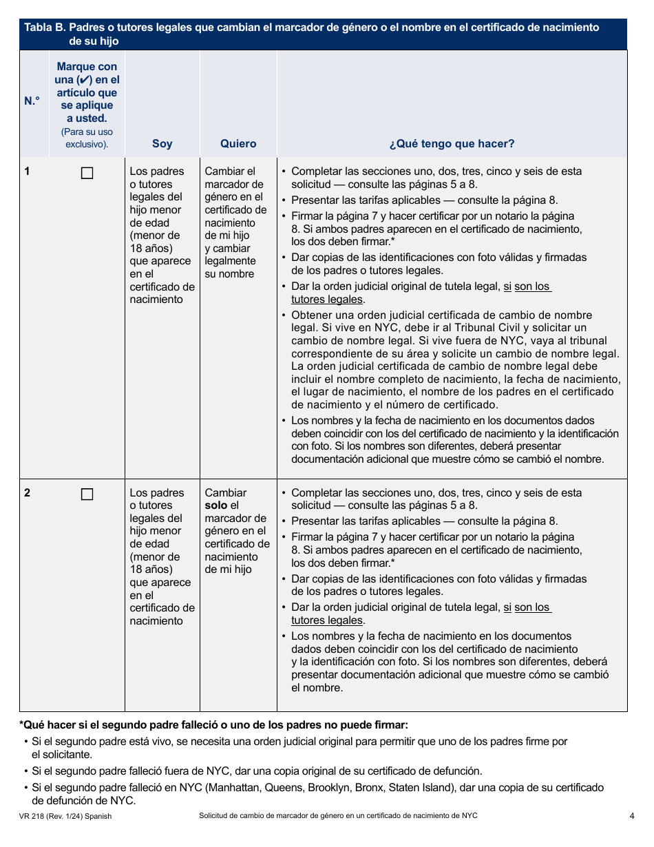 Formulario VR-218 Solicitud De Cambio De Marcador De Genero En Un Certificado De Nacimiento De Nyc - New York City (Spanish), Page 4