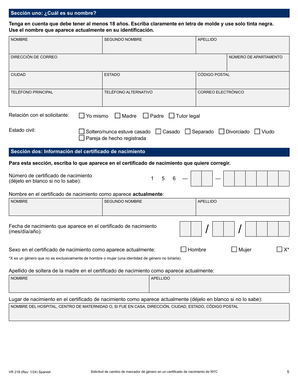 Formulario VR-218 Solicitud De Cambio De Marcador De Genero En Un Certificado De Nacimiento De Nyc - New York City (Spanish), Page 5