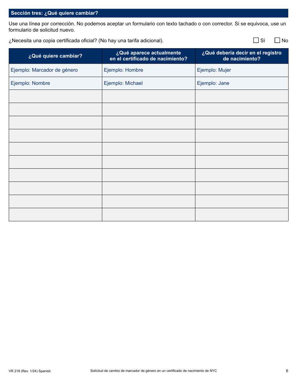 Formulario VR-218 Solicitud De Cambio De Marcador De Genero En Un Certificado De Nacimiento De Nyc - New York City (Spanish), Page 6