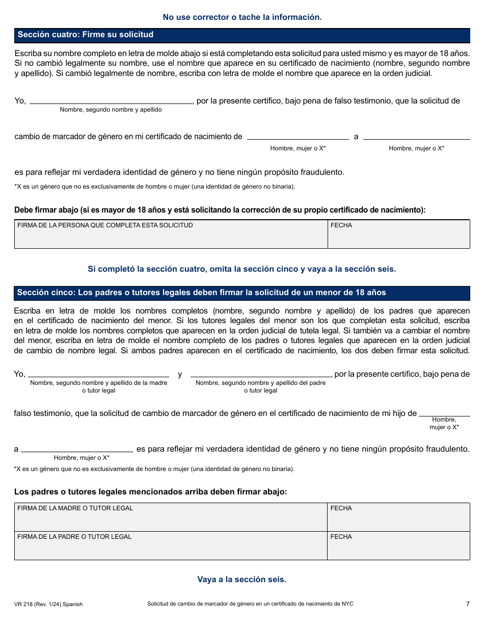 Formulario VR-218 Solicitud De Cambio De Marcador De Genero En Un Certificado De Nacimiento De Nyc - New York City (Spanish), Page 7