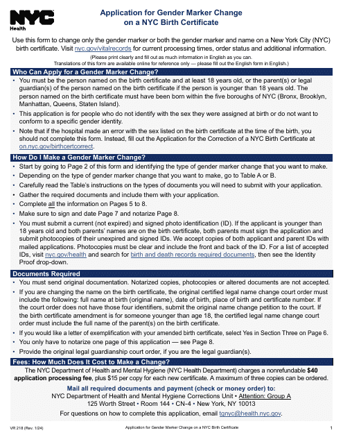 Form VR-218 Application for Gender Marker Change on a Nyc Birth Certificate - New York City