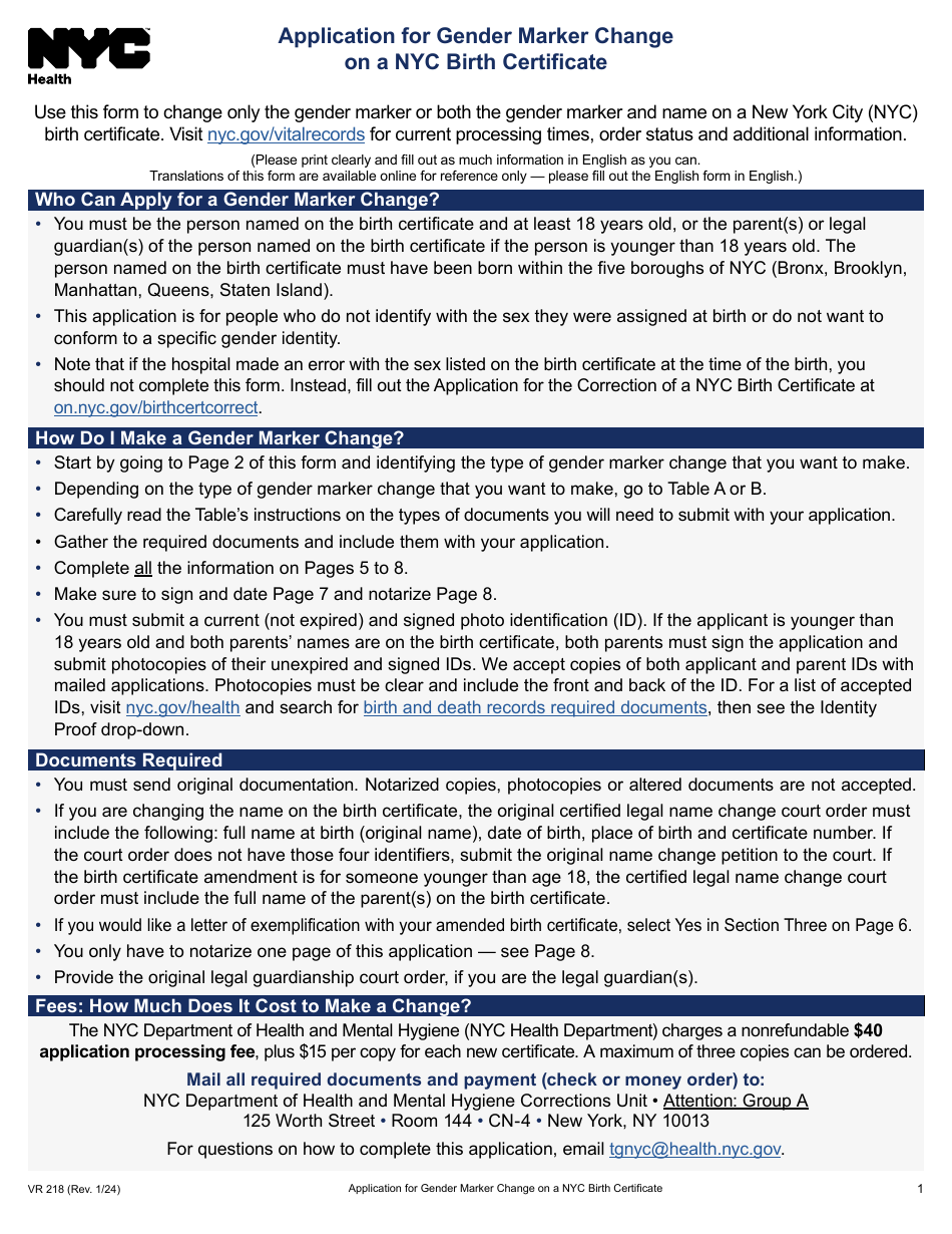 Form VR-218 Application for Gender Marker Change on a Nyc Birth Certificate - New York City, Page 1