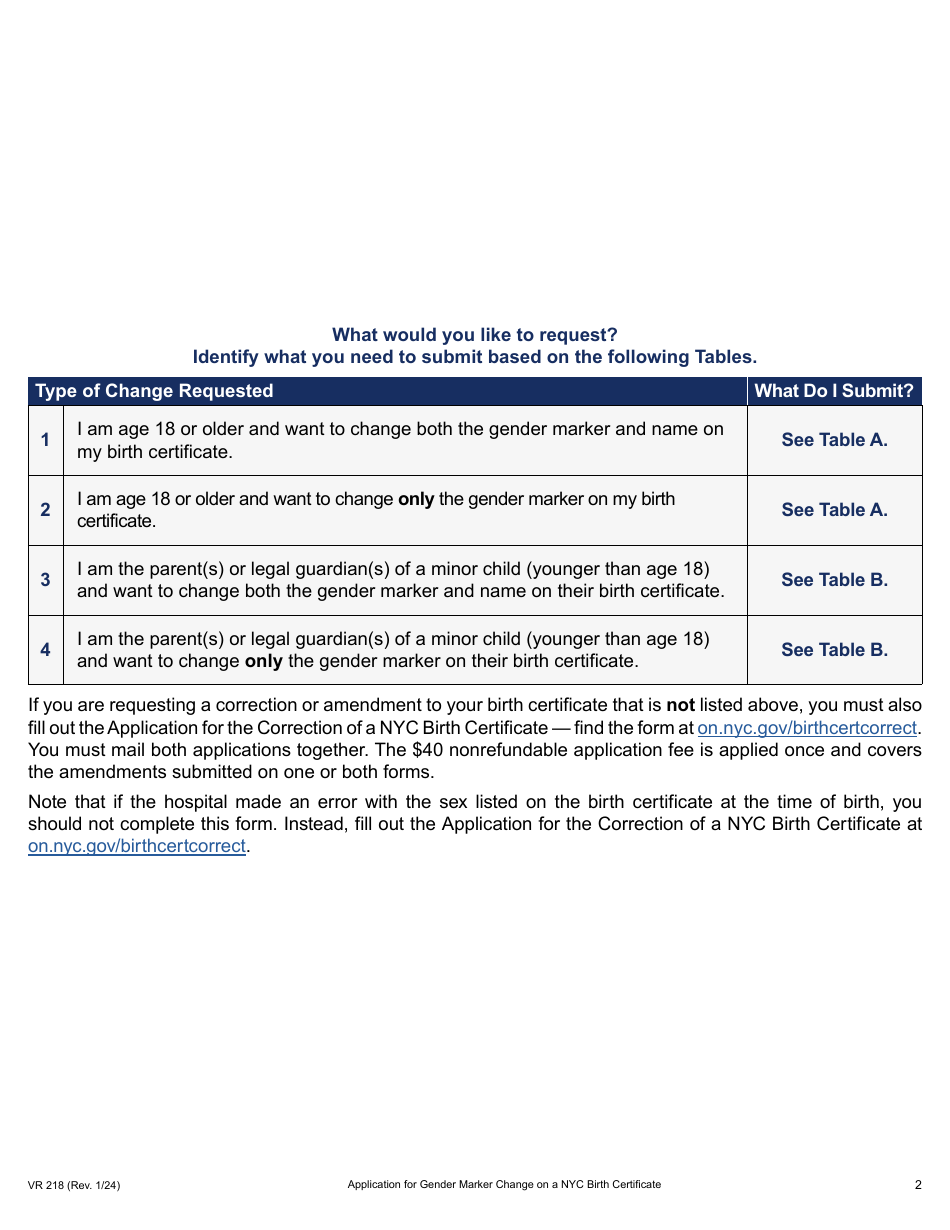 Form VR-218 Application for Gender Marker Change on a Nyc Birth Certificate - New York City, Page 2