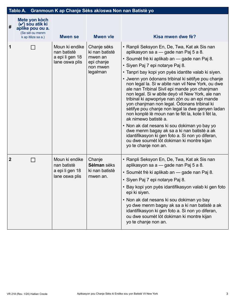 Form VR218 Application for Gender Marker Change on a Nyc Birth Certificate - New York City (Haitian Creole), Page 3