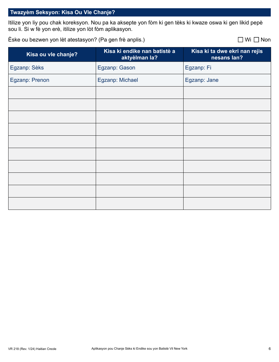 Form VR218 Application for Gender Marker Change on a Nyc Birth Certificate - New York City (Haitian Creole), Page 6