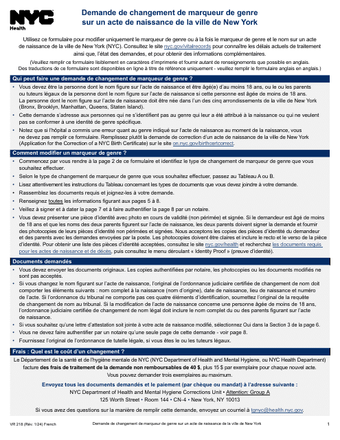 Form VR218 Application for Gender Marker Change on a Nyc Birth Certificate - New York City (French)