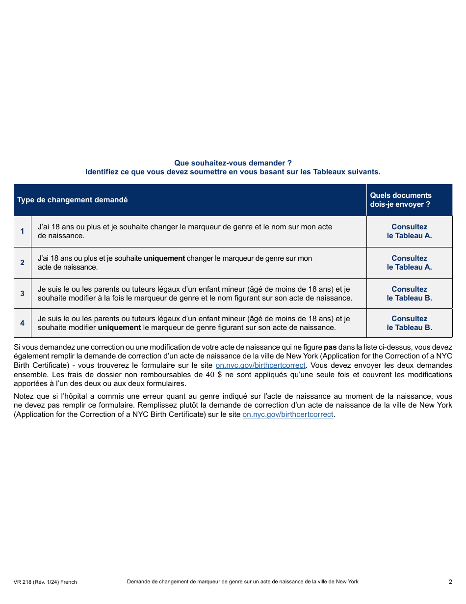 Form VR218 Application for Gender Marker Change on a Nyc Birth Certificate - New York City (French), Page 2