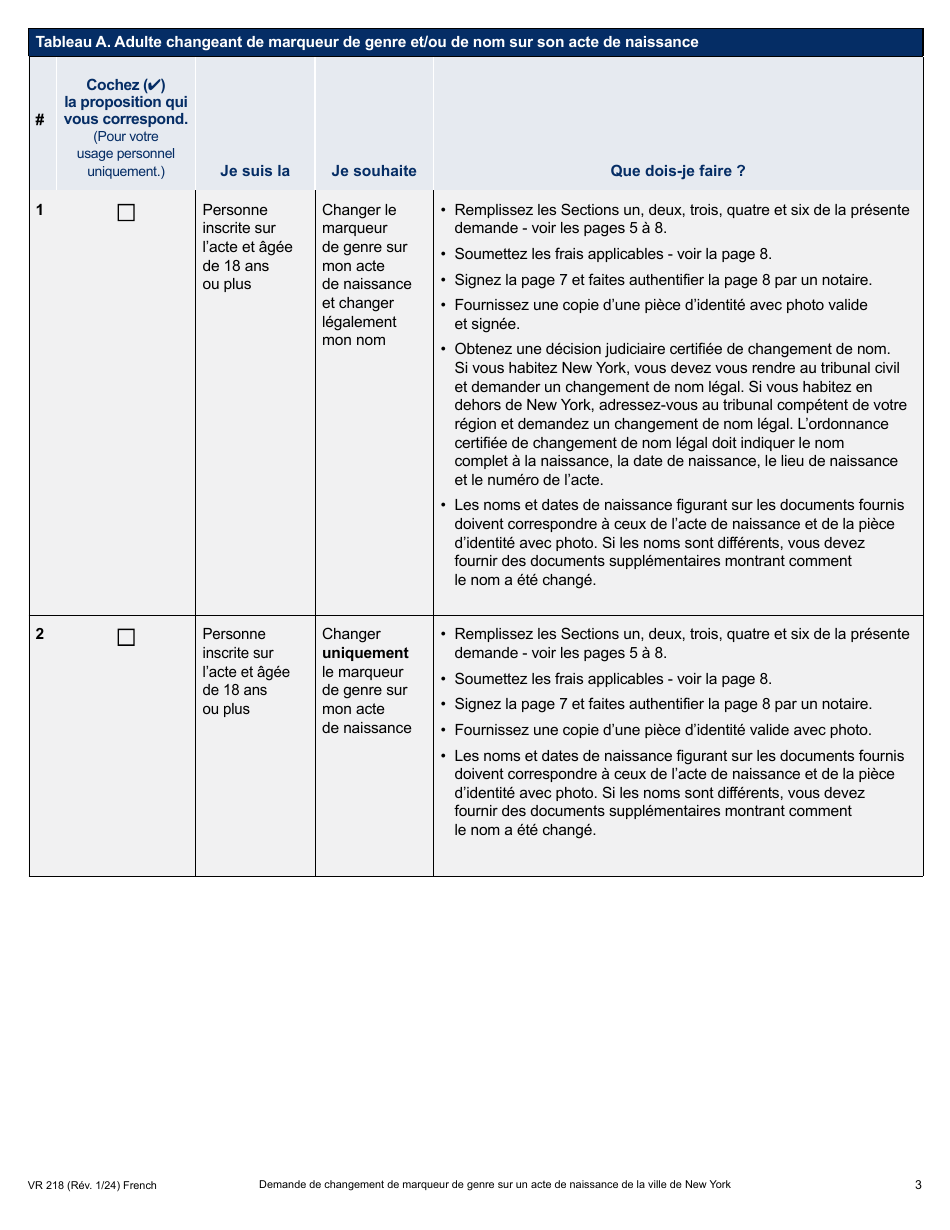 Form VR218 Application for Gender Marker Change on a Nyc Birth Certificate - New York City (French), Page 3