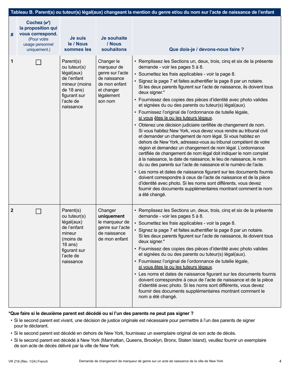 Form VR218 Application for Gender Marker Change on a Nyc Birth Certificate - New York City (French), Page 4