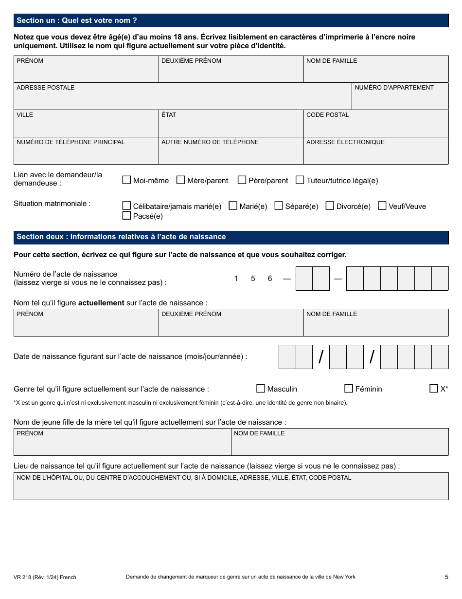 Form VR218 Application for Gender Marker Change on a Nyc Birth Certificate - New York City (French), Page 5