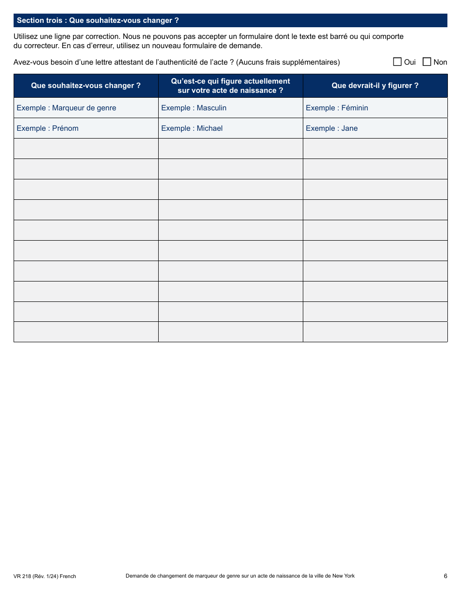 Form VR218 Application for Gender Marker Change on a Nyc Birth Certificate - New York City (French), Page 6