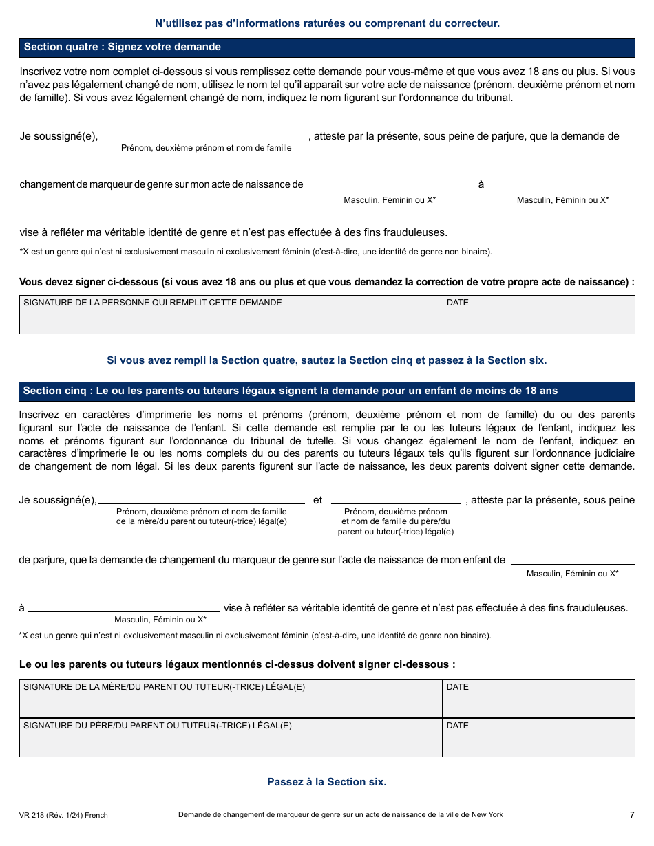 Form VR218 Application for Gender Marker Change on a Nyc Birth Certificate - New York City (French), Page 7