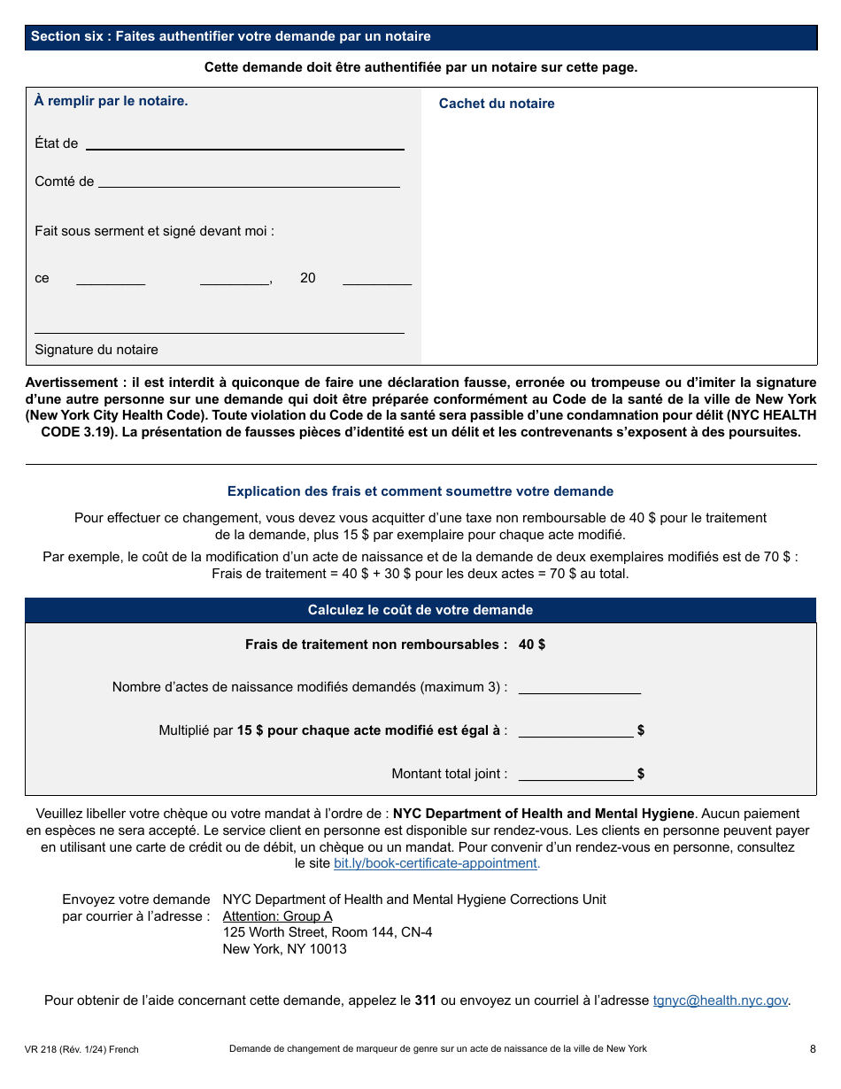 Form VR218 Application for Gender Marker Change on a Nyc Birth Certificate - New York City (French), Page 8