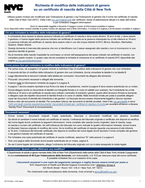 Form VR218 Application for Gender Marker Change on a Nyc Birth Certificate - New York City (Italian)