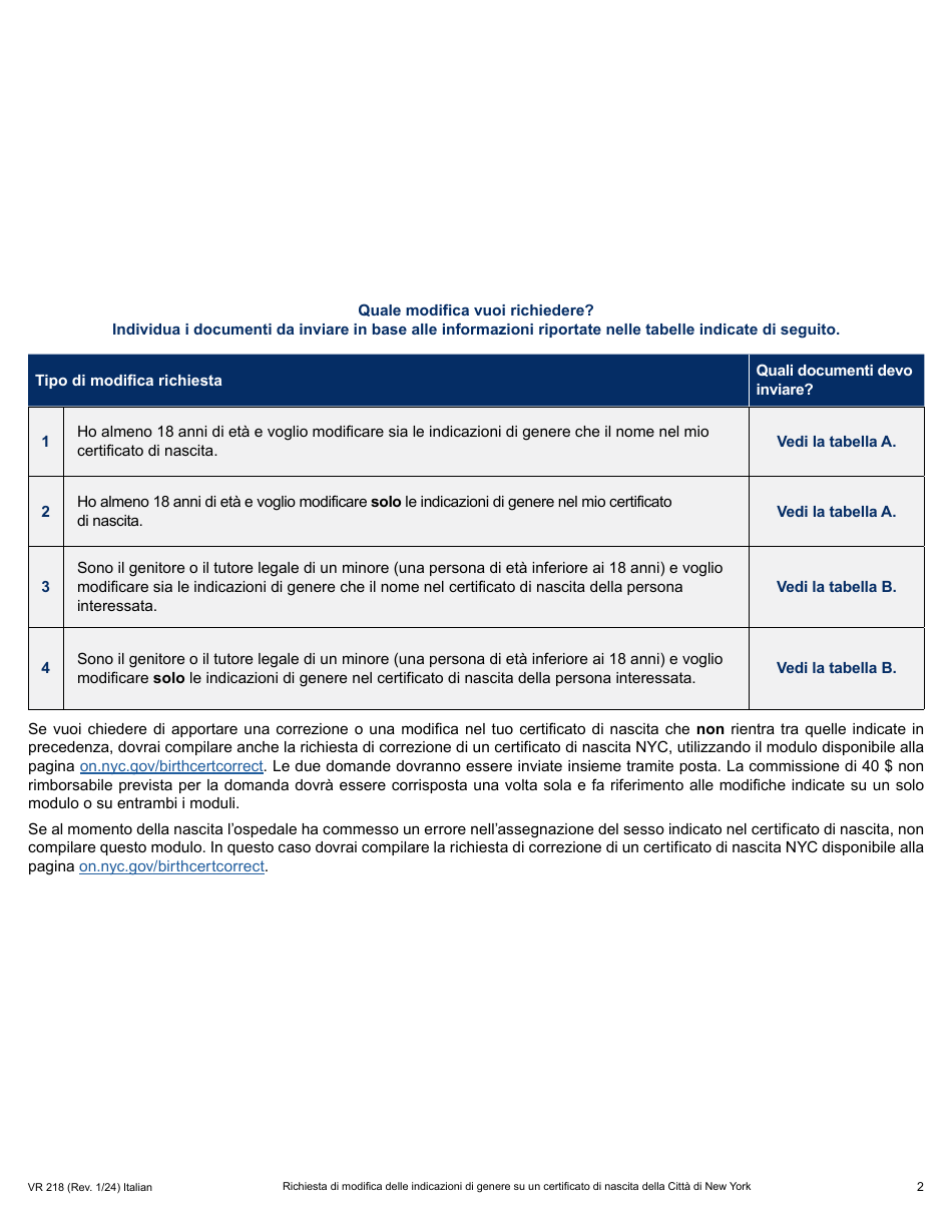 Form VR218 Application for Gender Marker Change on a Nyc Birth Certificate - New York City (Italian), Page 2