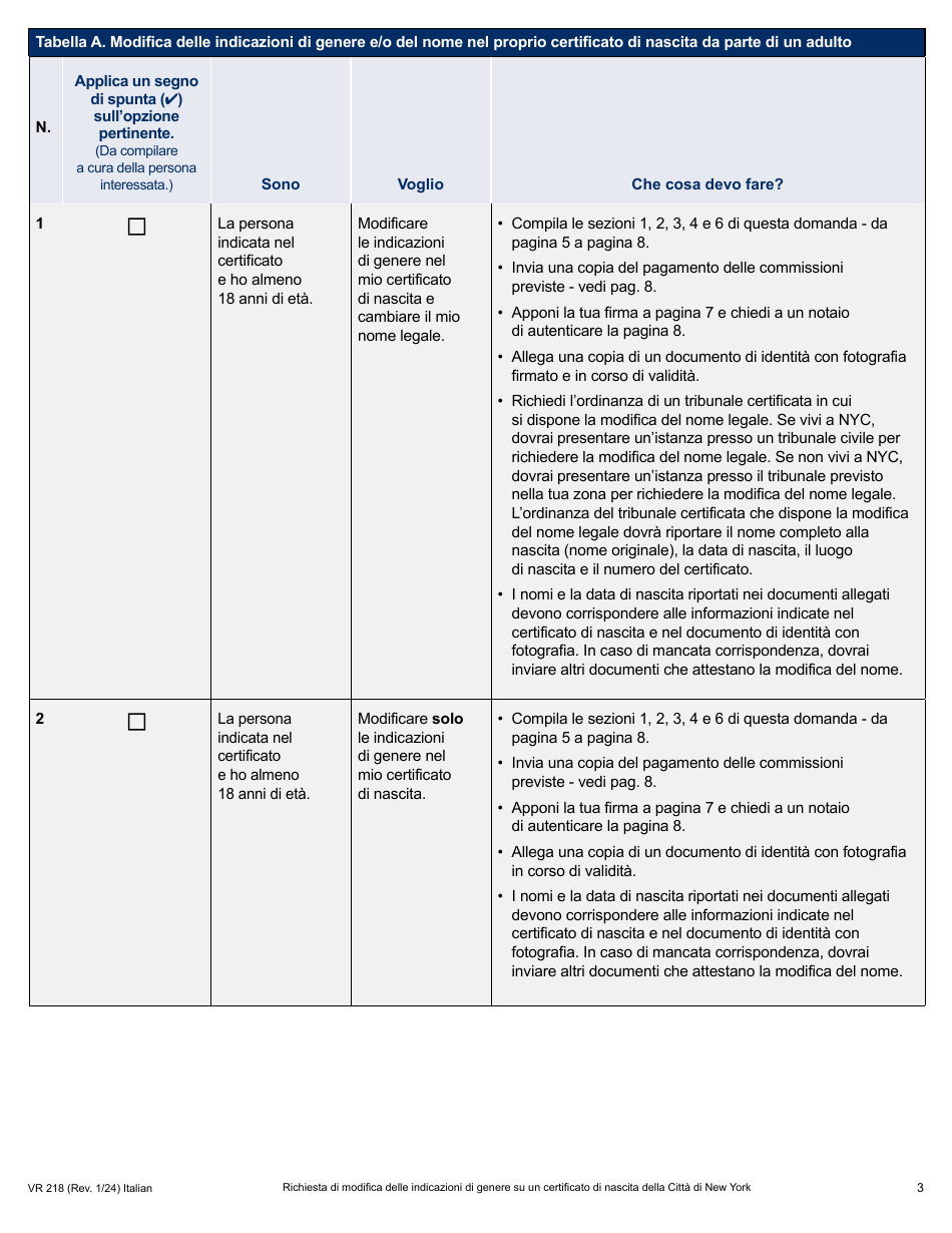 Form VR218 Application for Gender Marker Change on a Nyc Birth Certificate - New York City (Italian), Page 3