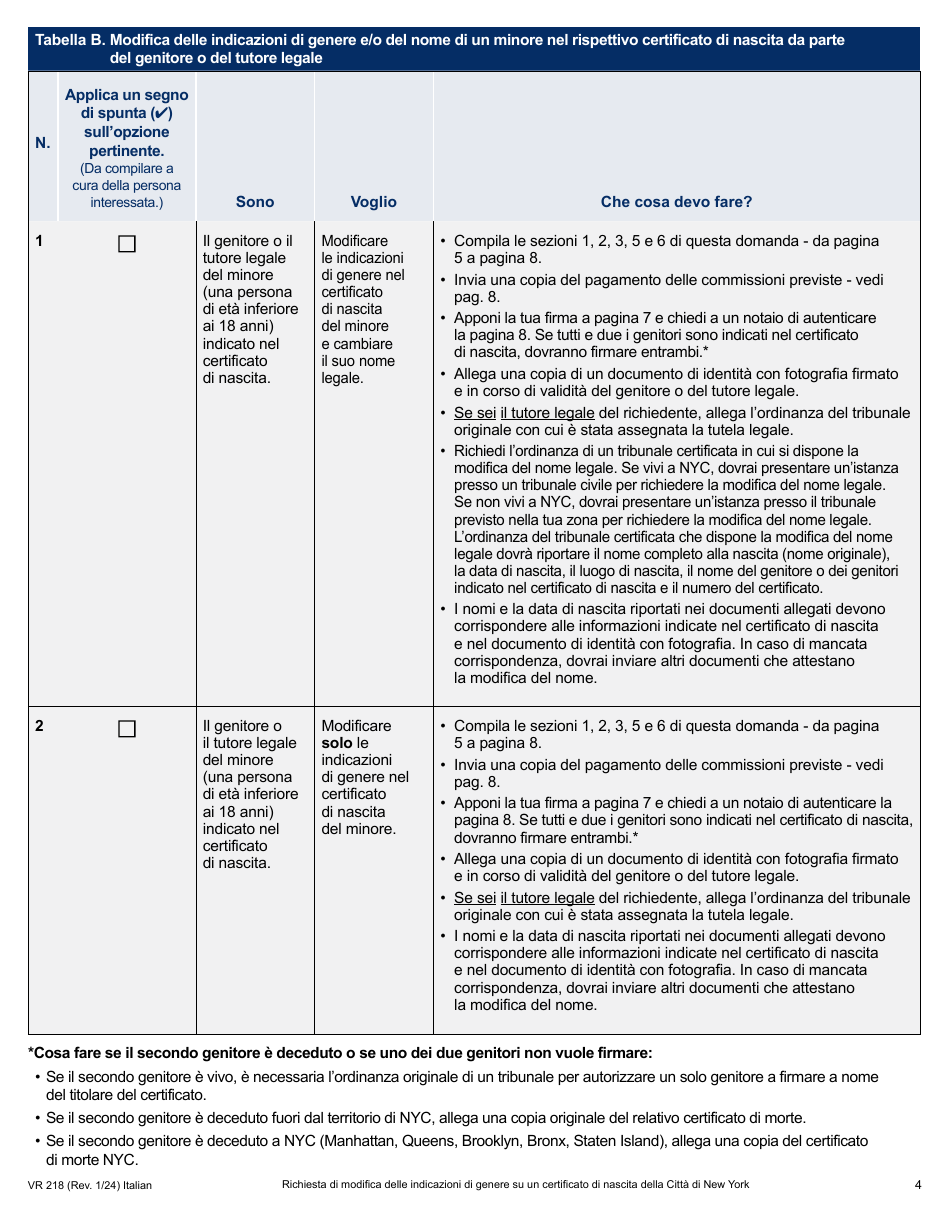 Form VR218 Application for Gender Marker Change on a Nyc Birth Certificate - New York City (Italian), Page 4