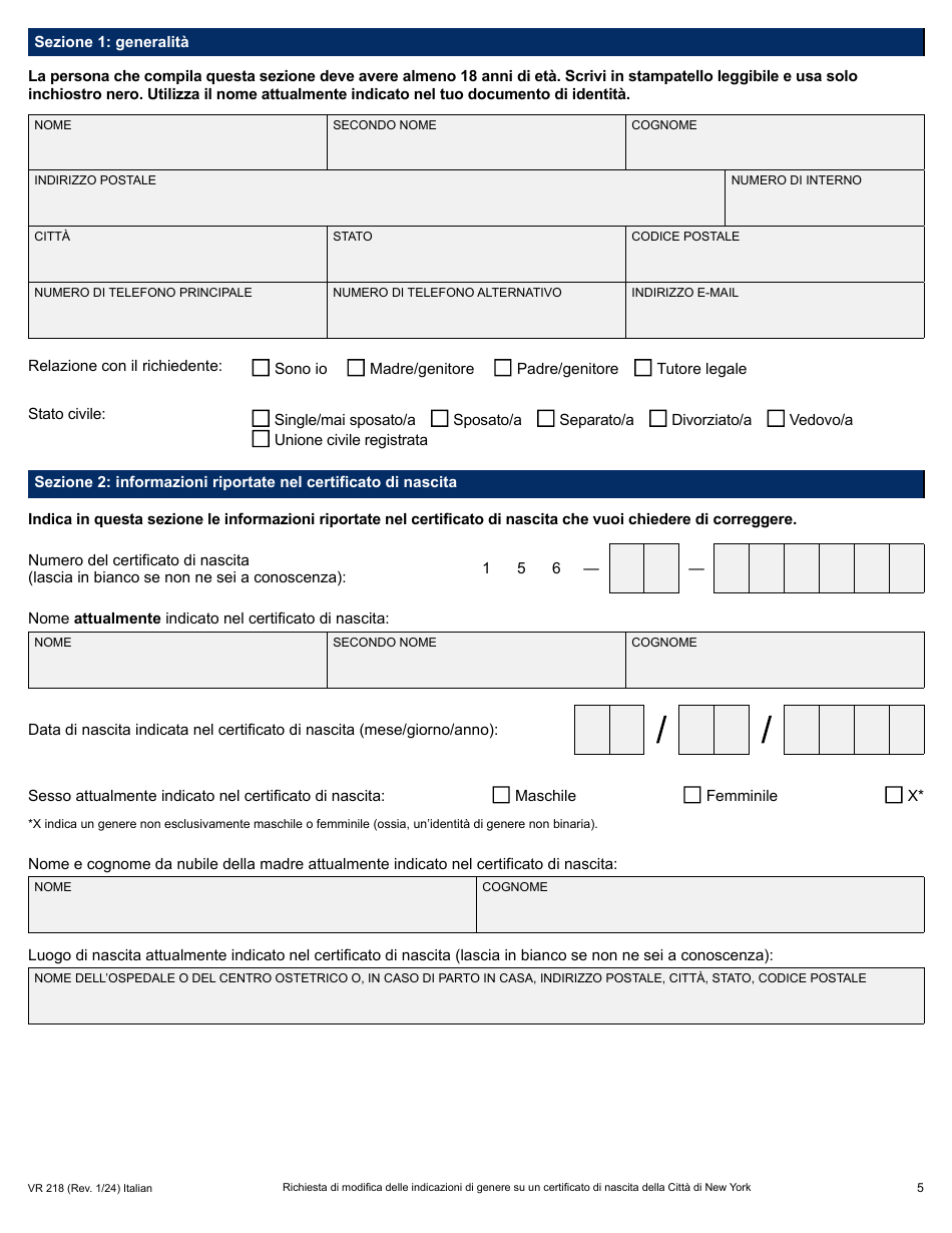 Form VR218 Application for Gender Marker Change on a Nyc Birth Certificate - New York City (Italian), Page 5